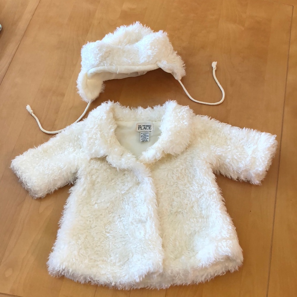 Faux fur jacket and matching hat.